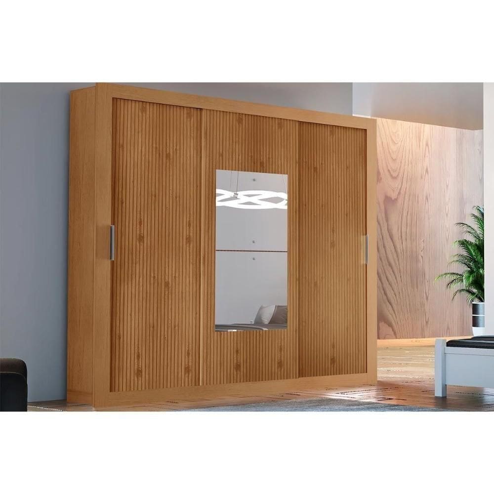 Guarda Roupa 3 Portas De Correr (1 C- Espelho) E 4 Gavetas Veneza Premium Naturalle-ripado 3d - Rufato