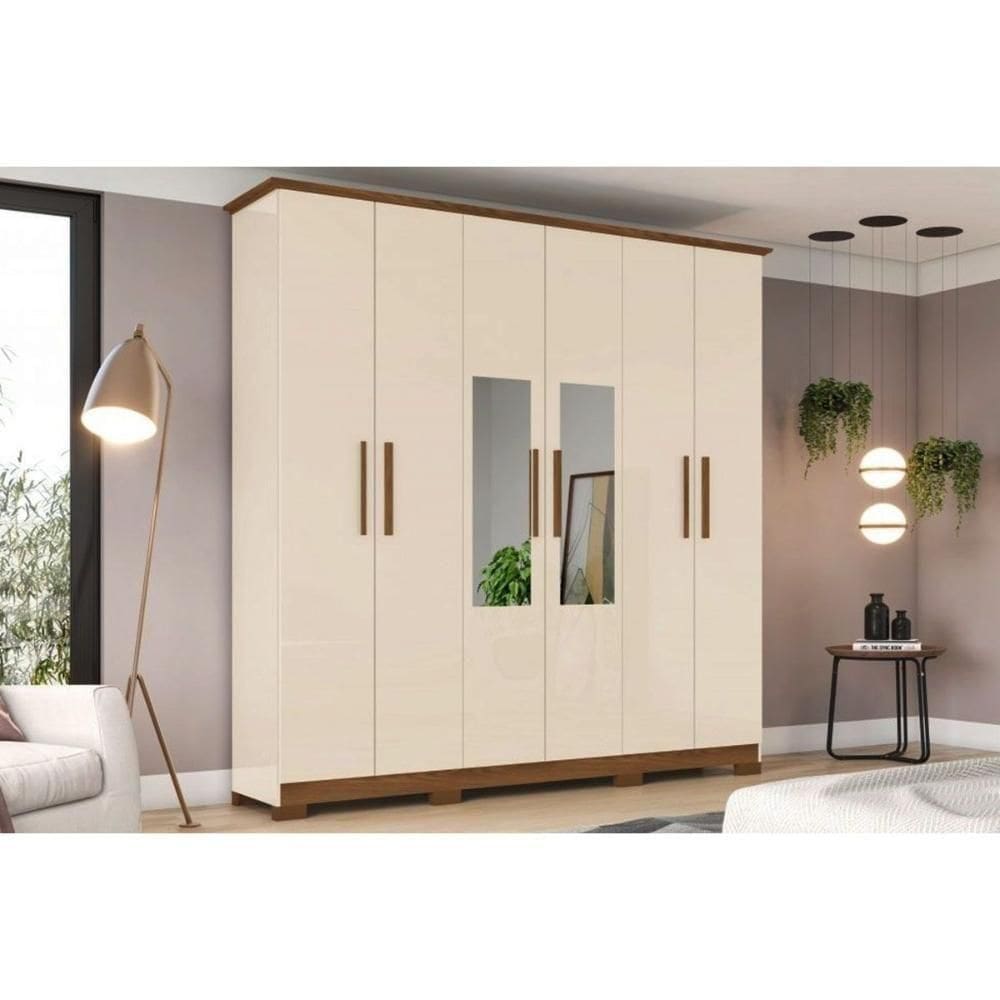 Guarda Roupa 6 Portas (2 C- Espelho) E 3 Gavetas C- Pés Cover Off White-nature - Henn