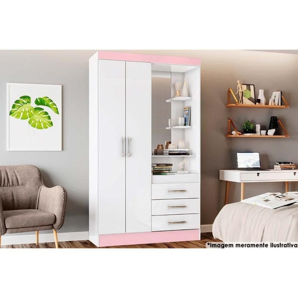 Guarda Roupa 2 Portas E 3 Gavetas C- 1 Espelho Briz B64 Branco - Henn