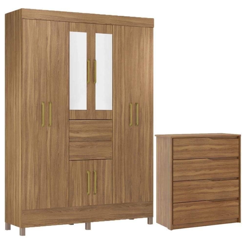 Kit Guarda Roupa Casal Com Espelho 8 Portas Munique Cômoda Atria Amêndola Touch