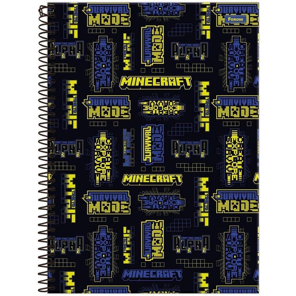 Caderno Universitário Minecraft Foroni Capa Dura Espiral - 1 Matéria 80 Folhas Preto