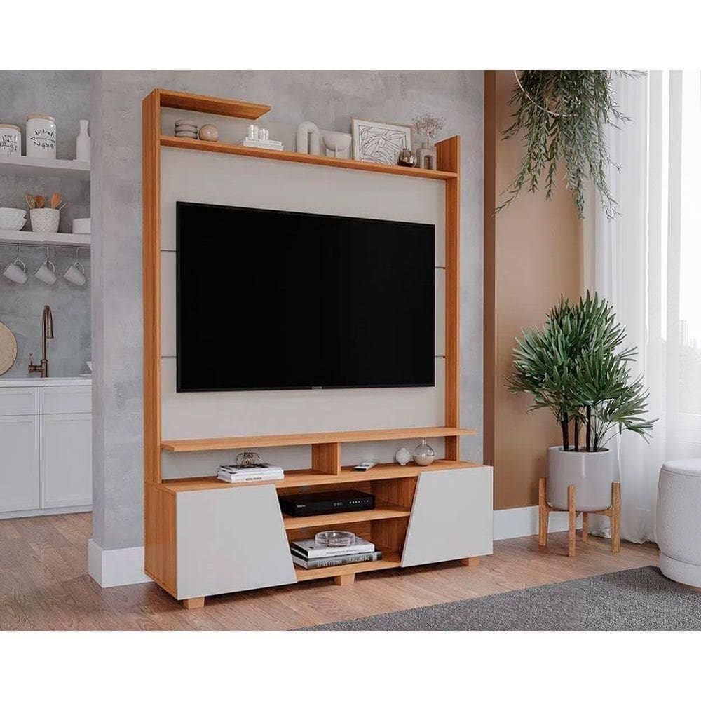 Rack Bancada C/ Painel P/ Tv Até 55 Pol Master 2 Prateleiras E Pés 135x183cm Off White/nature - Permóbili
