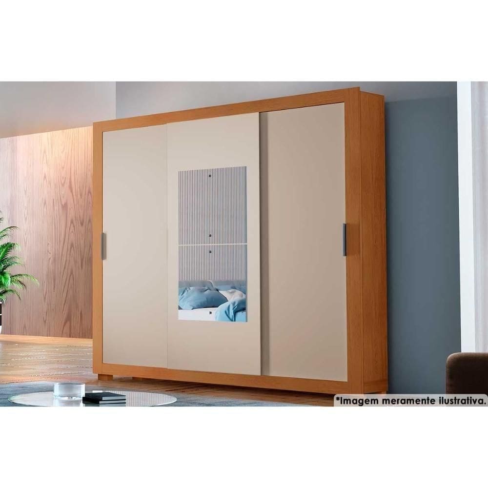 Guarda Roupa 3 Portas De Correr (1 C- Espelho) E 4 Gavetas C- Pés Veneza Premium Naturale-off White - Rufato