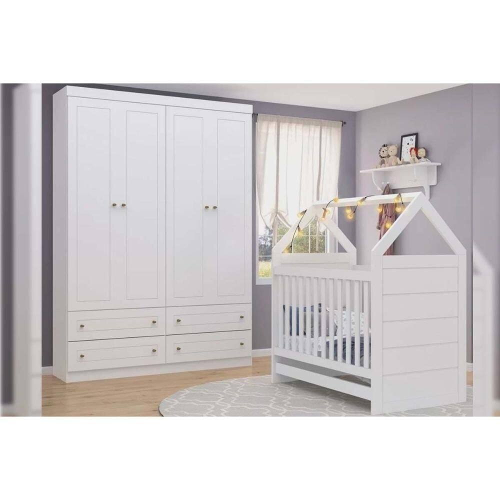 Quarto De Bebê Completo Americano 2 Peças (1 Guarda Roupa + 1 Berço) Qi60 Branco - Henn