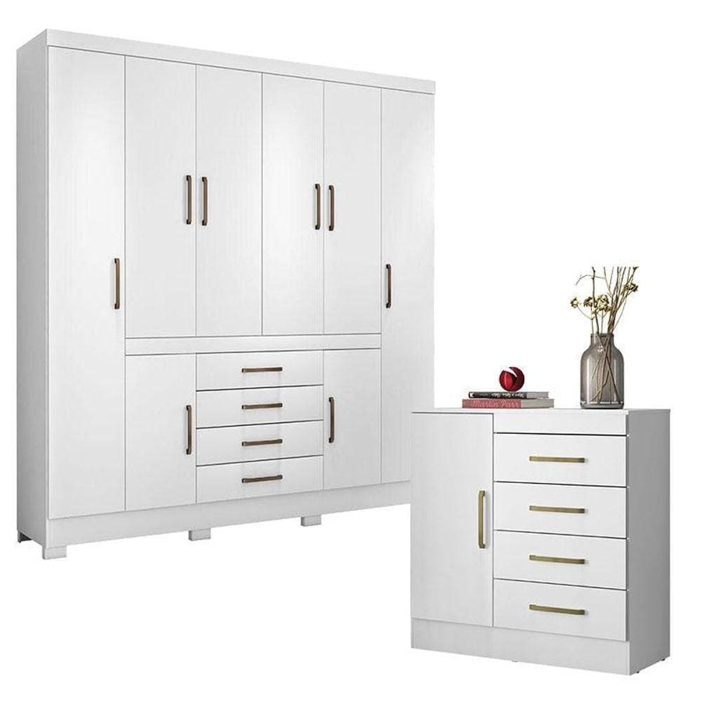 Cômoda Montevidéu E Guarda Roupa Casal New Realce Branco - Demóbile