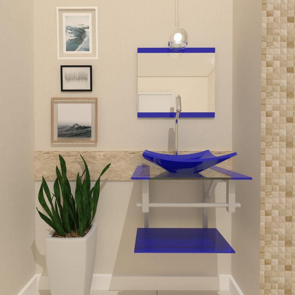 Gabinete De Vidro 45Cm Cuba Quadrada Azul Escuro + Torneira