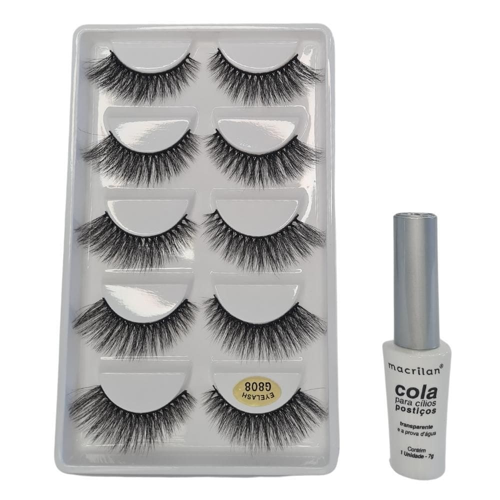 Kit Macrilan Cola Cílios Postiços+Cílios 3D 5 Pares G808