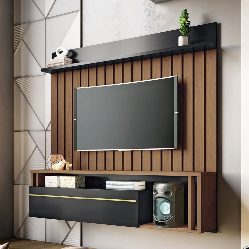 Painel TV 55 Pol 160cm Bancada Suspensa Self Preto/Castanho - HB Móveis