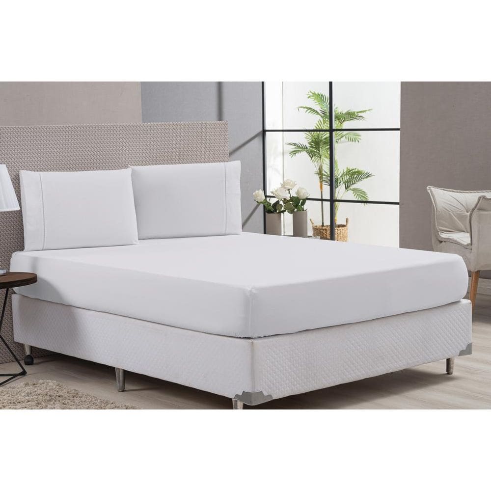 Lençol Com Elástico Casal 3 Peças 100% Algodão Branco