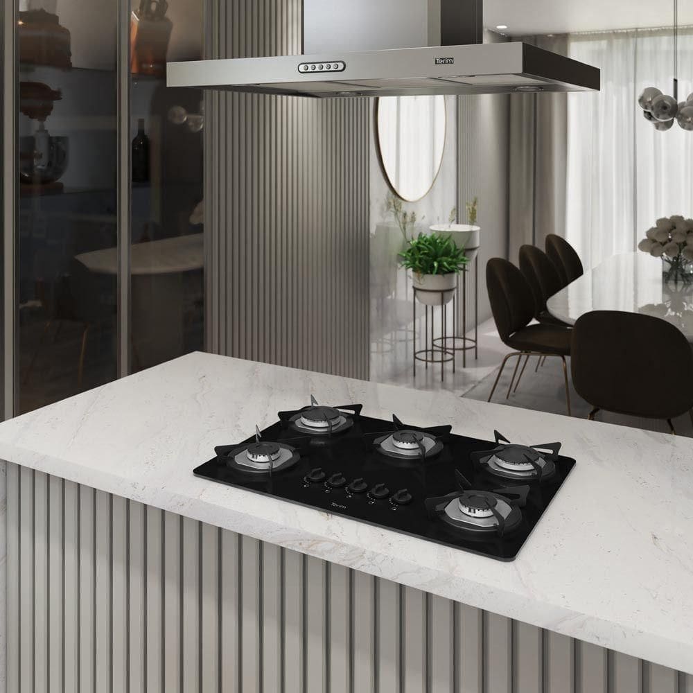 Cooktop Terim à Gás TRM 5B Vidro Preto Flange Inox Preto Bivolt