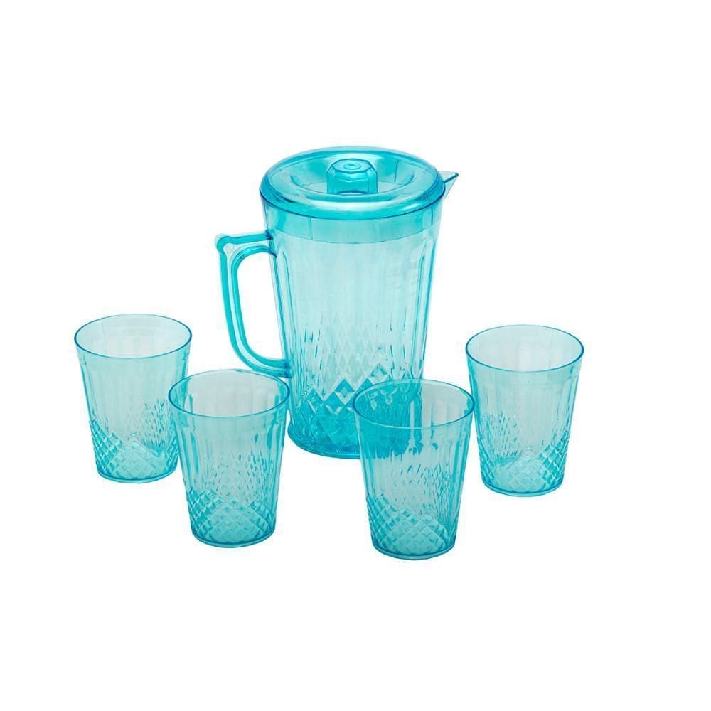 Jarra Acrílico De 1 Litro Com 4 Copos Suco Agua Bebida Azul