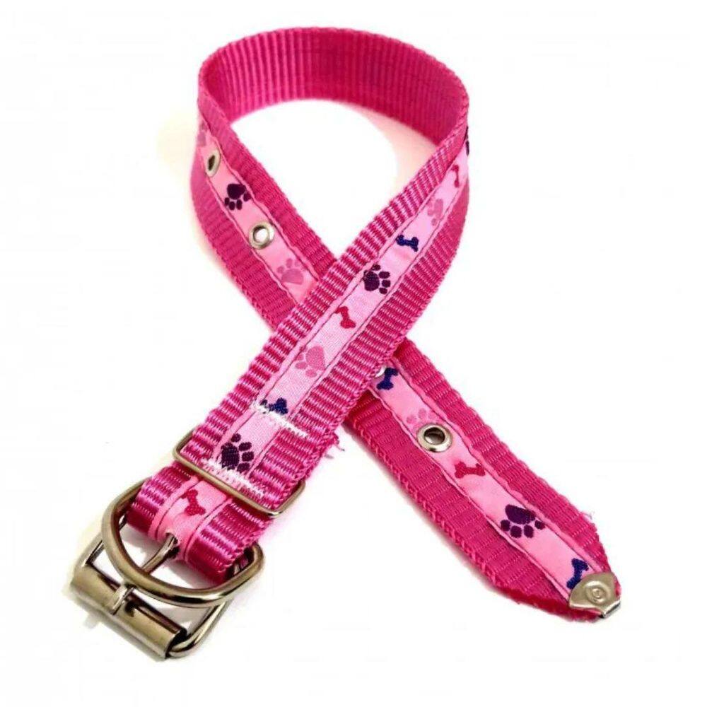 Coleira Nylon Cachorro Nicapet Cor Rosa Nº 6 Pata Osso 25Mm