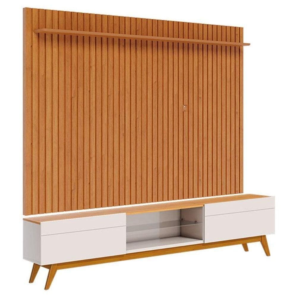 Rack Bancada Classic 2 Gavetas Com Painel Para Tv Suspenso Ripado Loft 2.2 Off White Nature - Imcal