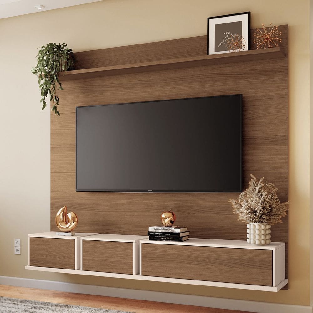 Painel TV 70 Pol 180cm Bancada Suspensa Max Off/Castanho - HB Móveis
