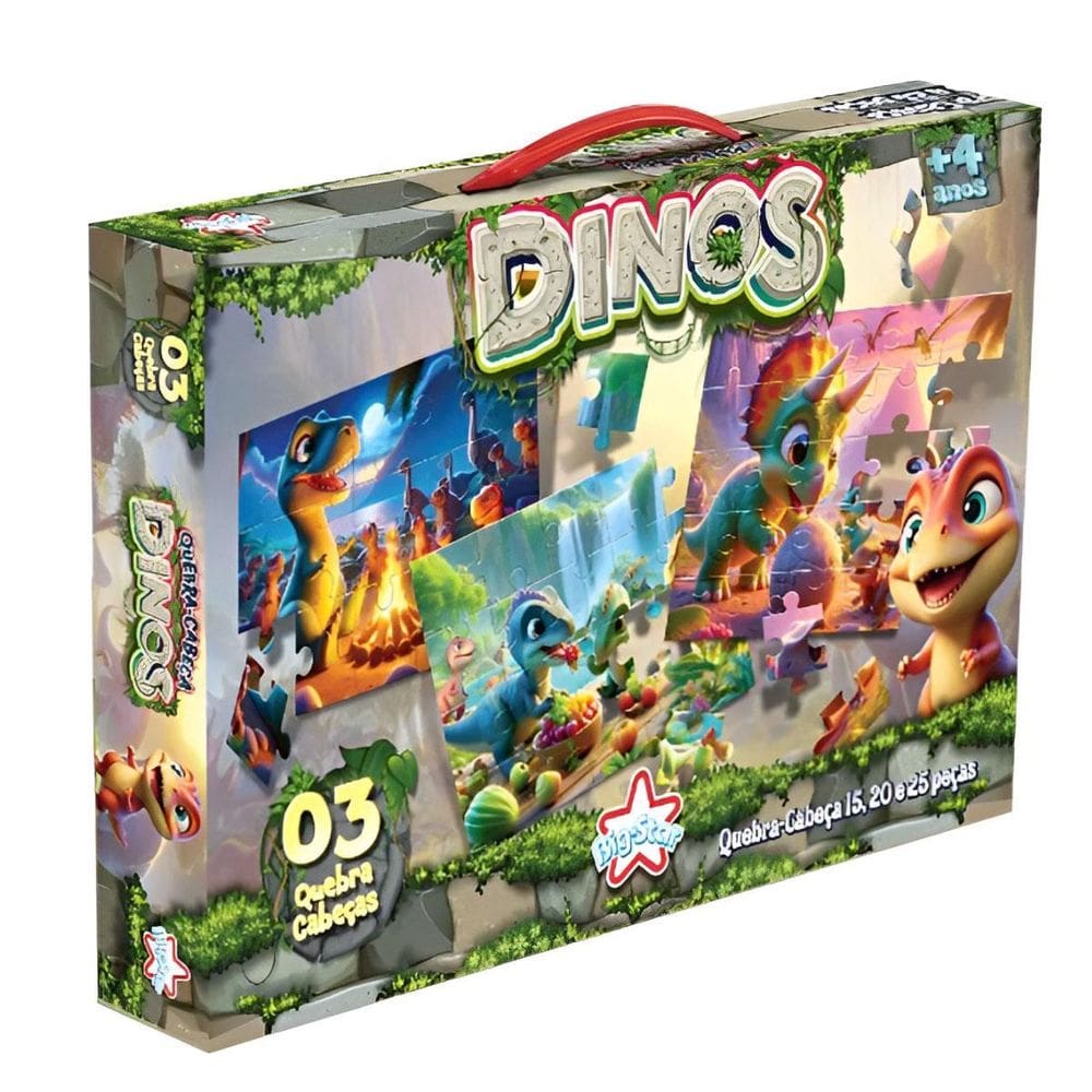Kit Quebra Cabeça Dinos 15/ 20 E 25 Peças +4 Anos 3 Unidades