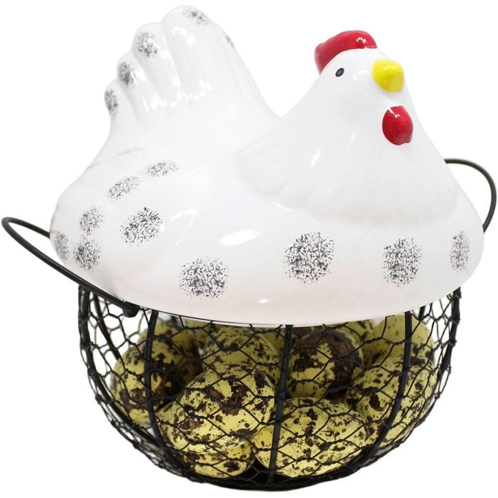 Cesto Galinha Porta Ovos Decorativo Cerâmica 18 Ovos Amarelo