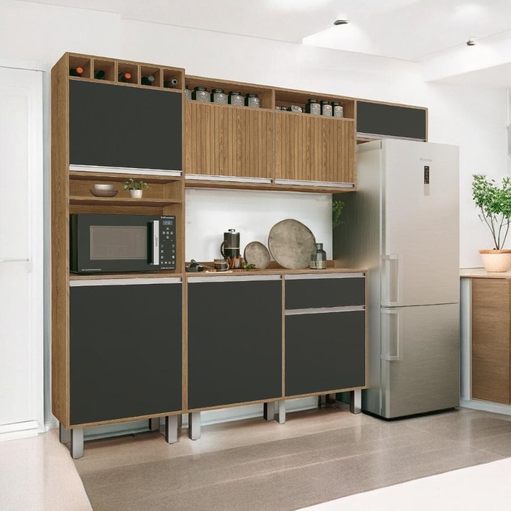 Cozinha Smart Torre Armário Geladeira Balcão Freijó e Grafite