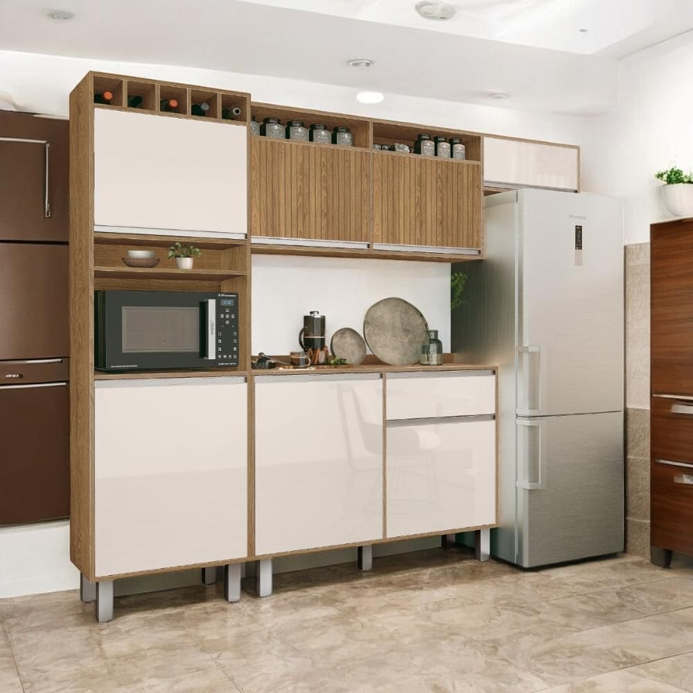 Cozinha Smart Torre Armário Geladeira Balcão Freijó e Off White