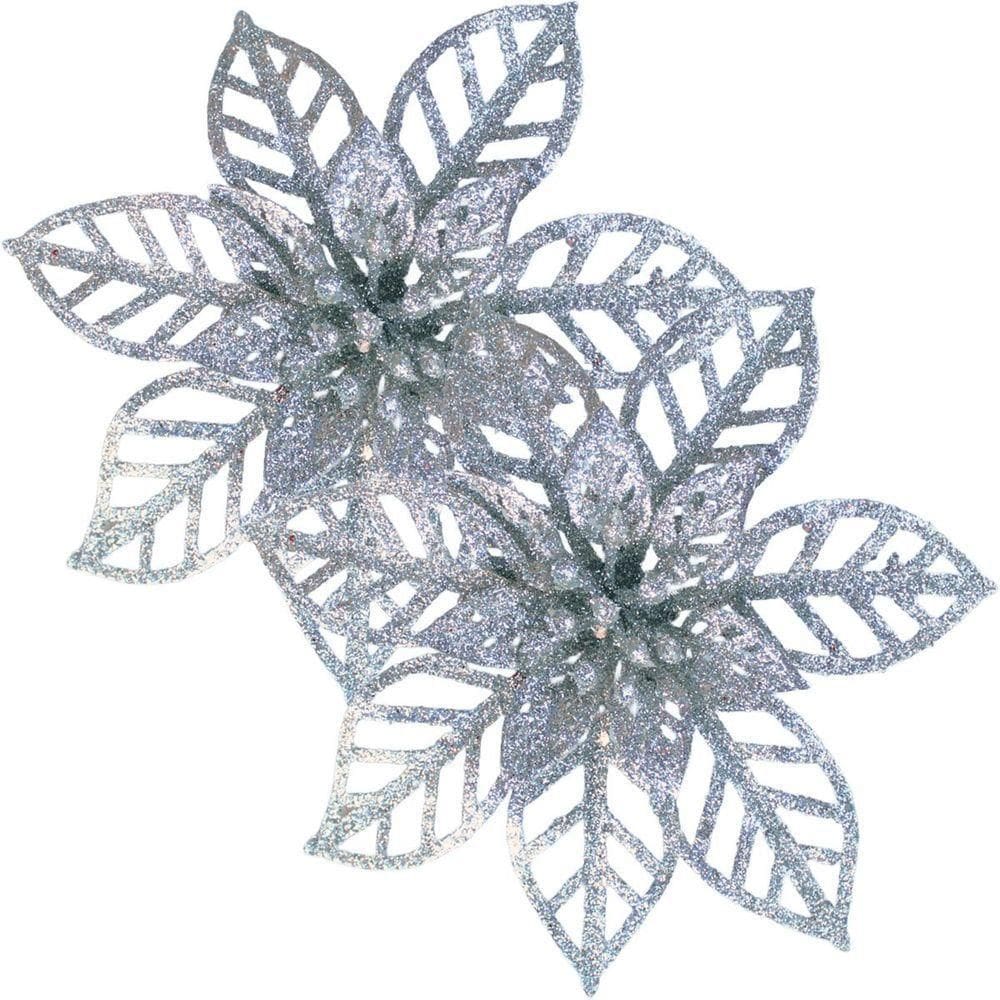 Kit 8 Flores Gliter Prata Decoração árvore De Natal De 14cm