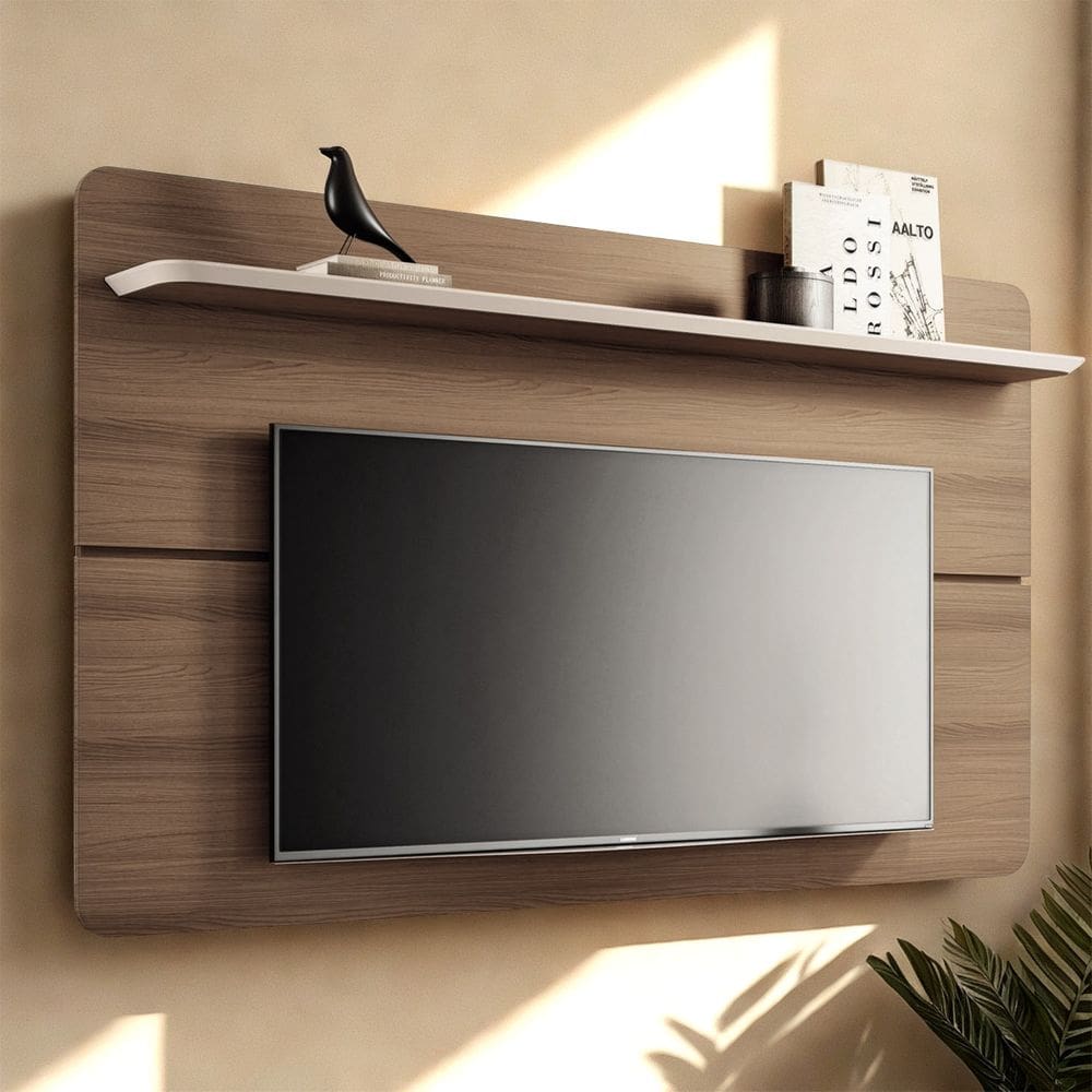 Painel TV 70 Pol 180cm Suspenso Curv Castanho/Off White - HB Móveis