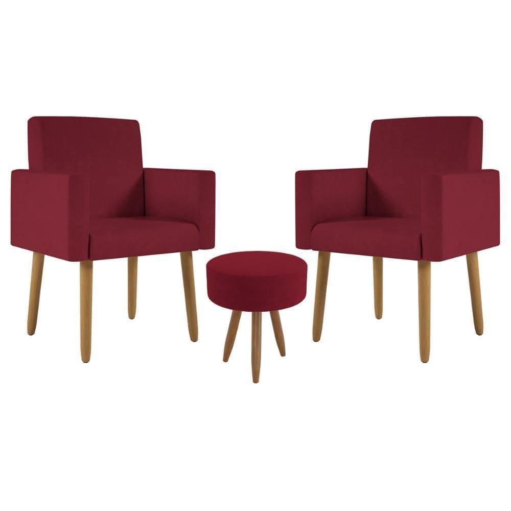 Kit 2 Poltronas Decorativa Sala Nina Com Puff Balaqui Decor Marsala