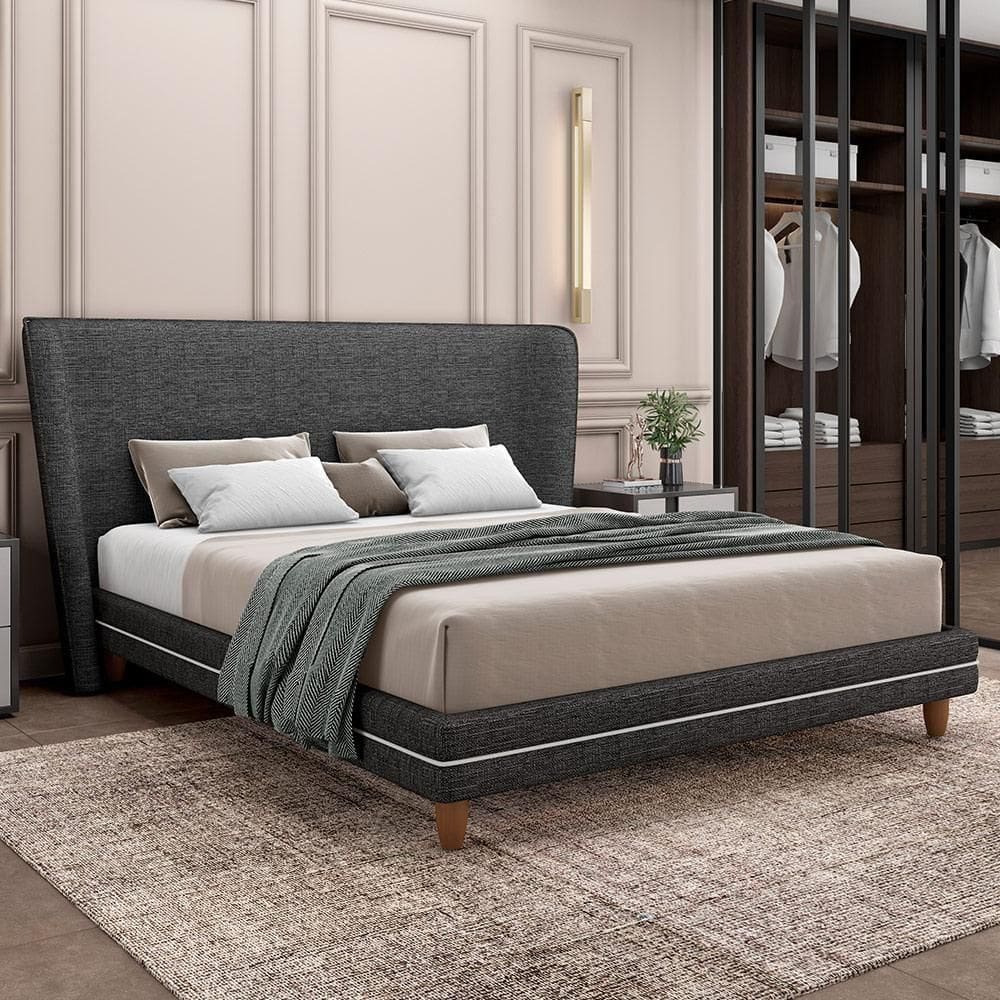 Cama Casal Base Box Pés Madeira 148cm Suném P05 Linho Cinza Escuro - Lyam Decor