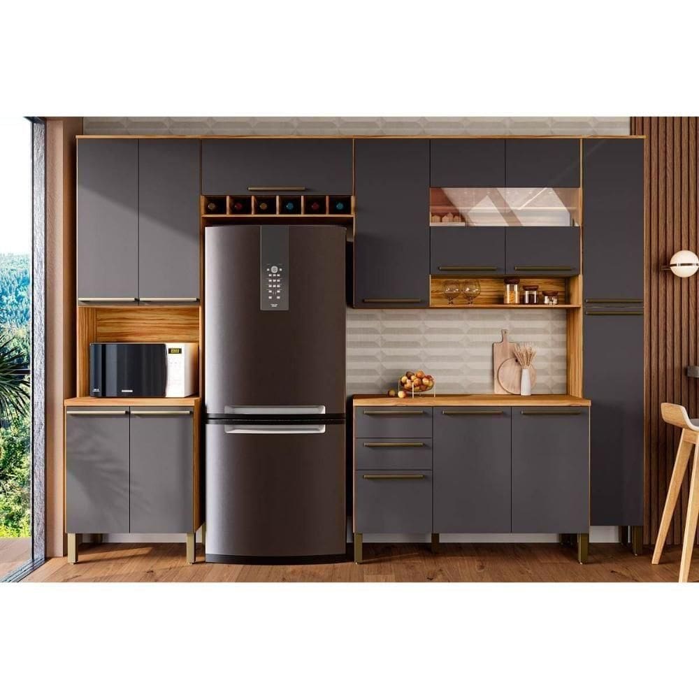 Cozinha Modulada Completa Nápoli 5 Peças 2 Aéreos + 1 Balcão + 1 Paneleiro + 1 Torre Quente C5p97 Amendoa Grafite Ronipa