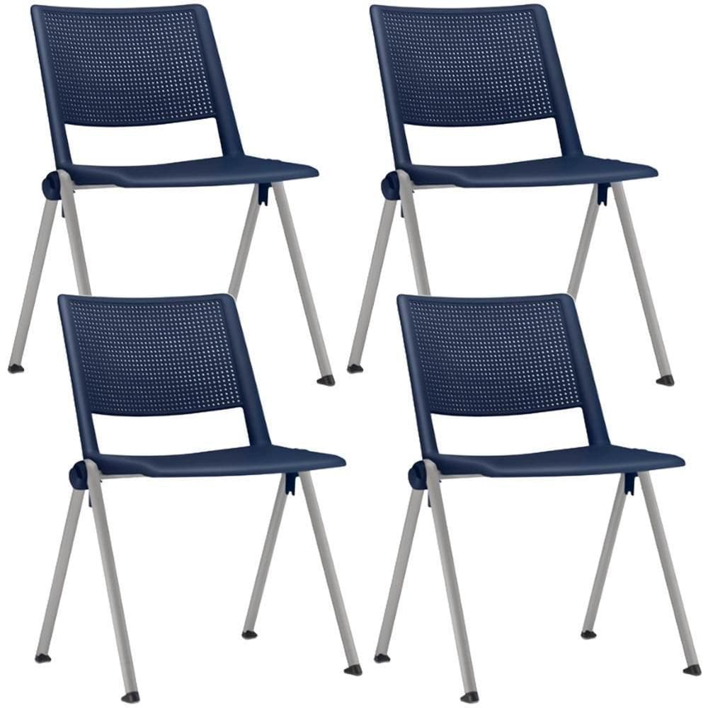 Kit 04 Cadeiras Empilhável Fixa Lift F02 Base Aço Cinza Azul - Lyam Decor