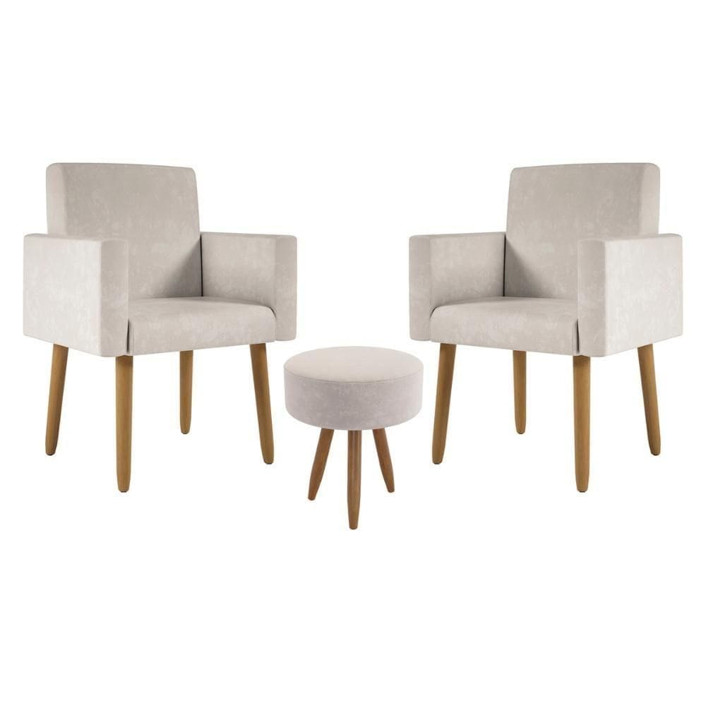 Kit 2 Poltronas Decorativa Sala Nina Com Puff Balaqui Decor Bege