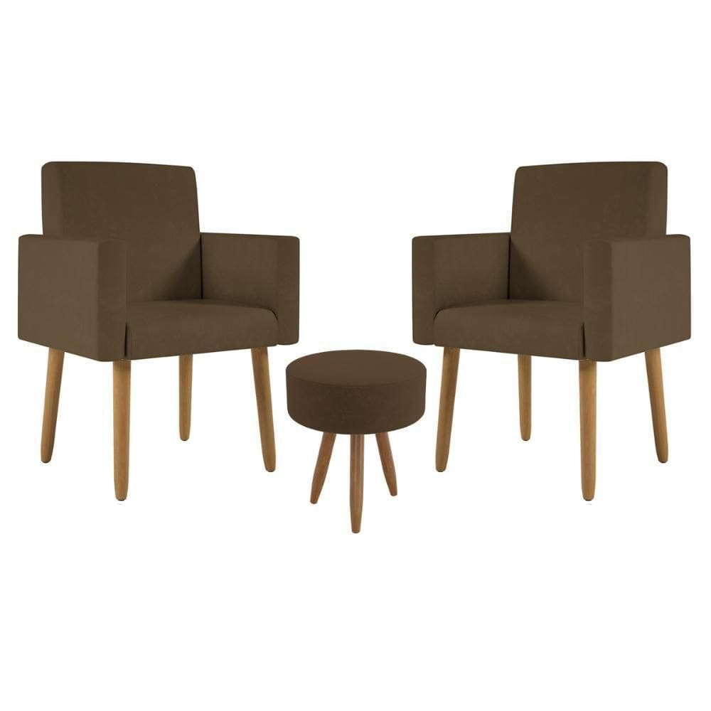 Kit 2 Poltronas Decorativa Sala Nina Com Puff Balaqui Decor Marrom