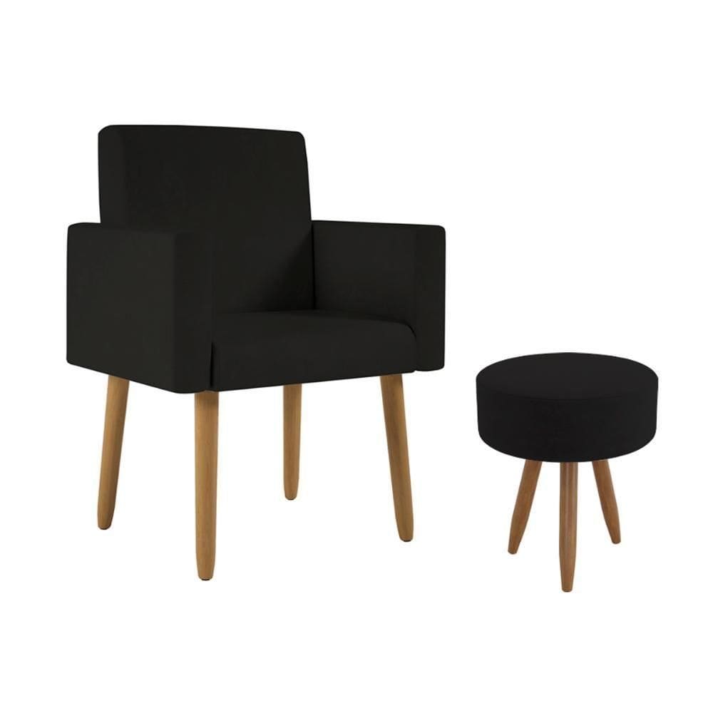 Poltrona Decorativa Cadeira Sala Com Puff Balaqui Decor Preto