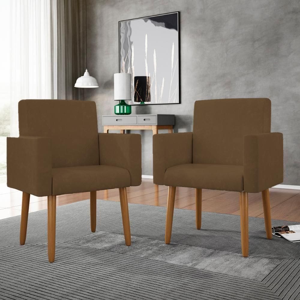 Kit 02 Cadeiras Poltronas Decorativas Com Puff Salão Balaqui Decor Marrom