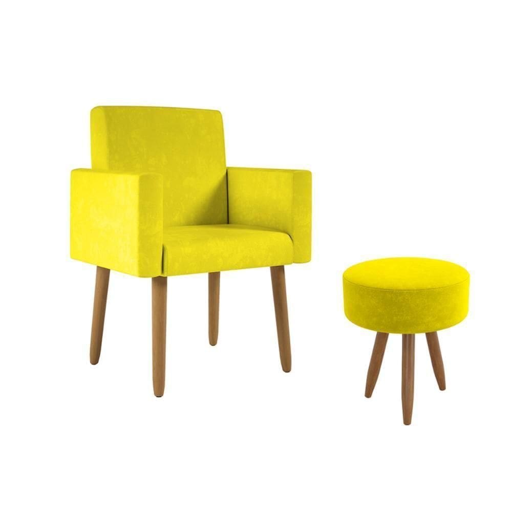 Poltrona Decorativa Cadeira Sala Com Puff Balaqui Decor Amarelo