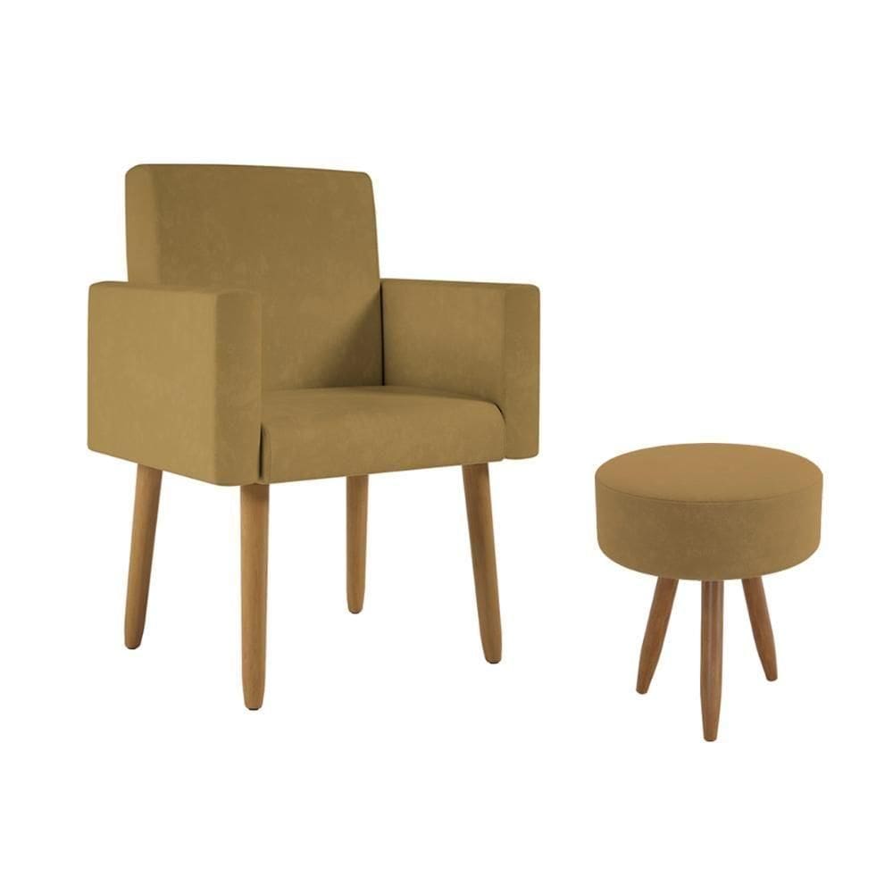 Poltrona Decorativa Cadeira Recepção Com Puff Balaqui Decor Capuccino