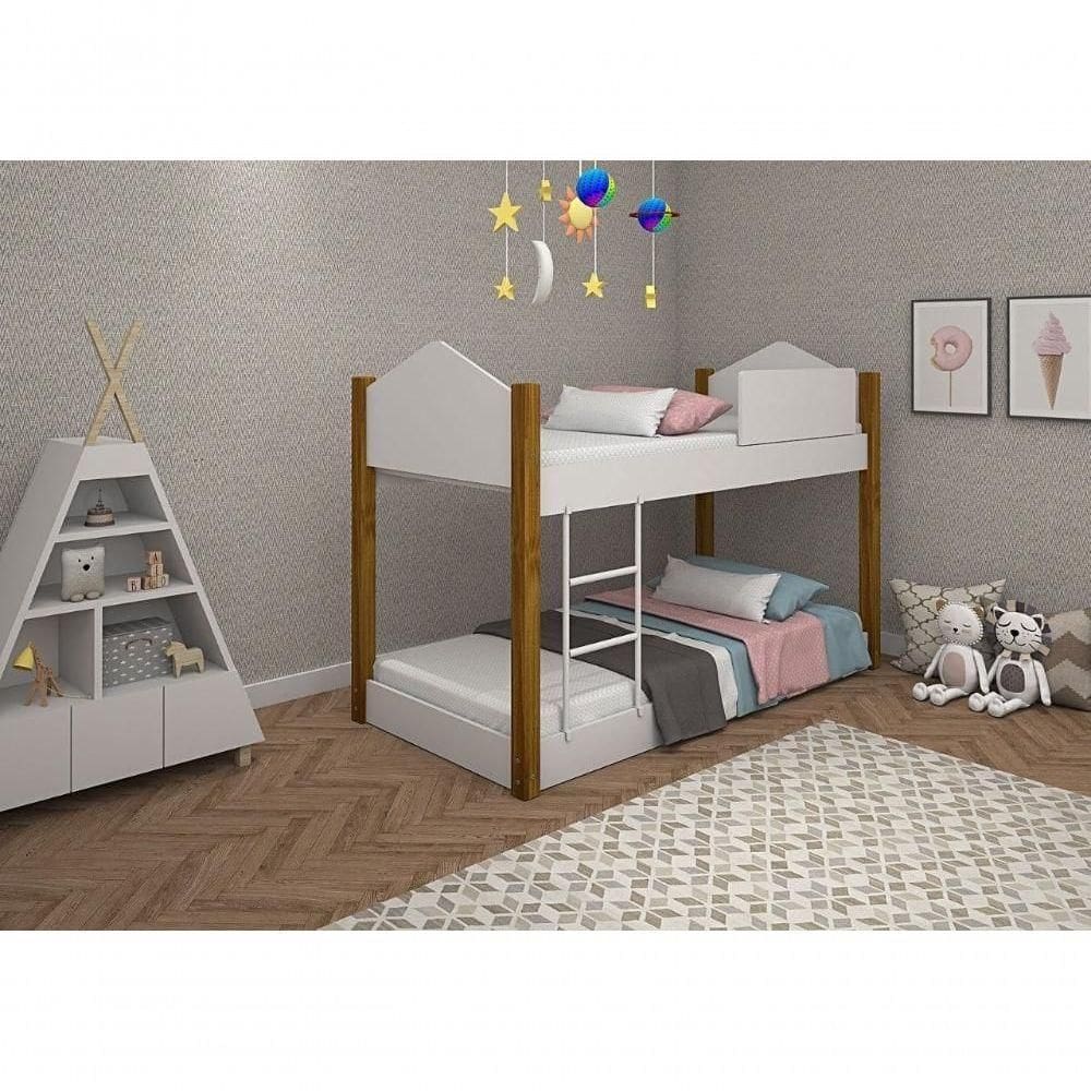 Beliche Infantil Juvenil Luiza Branco Mel Com Pés de Madeira e Dois Colchões