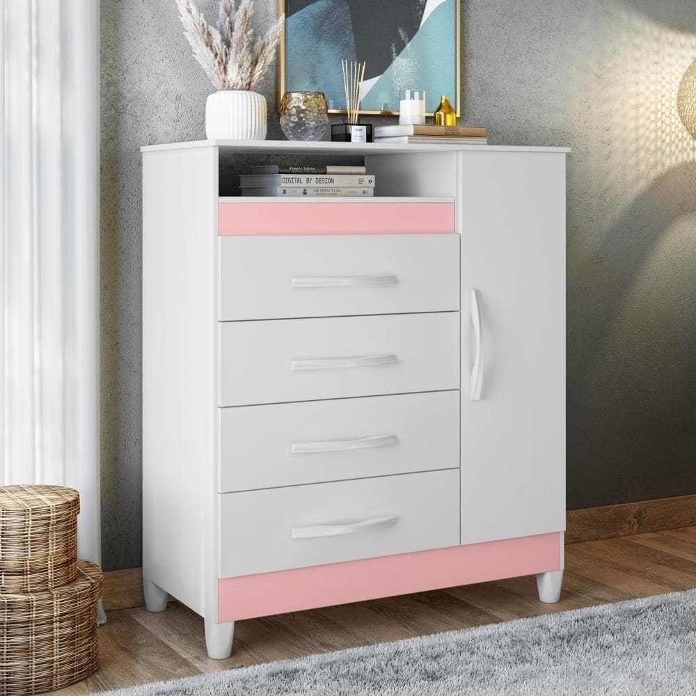 Gaveteiro Lee Branco Rosa Titanium Azul Com Porta