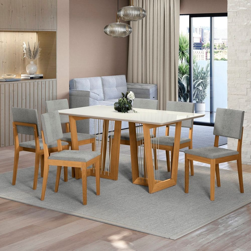Conjunto Mesa Clara com 6 Cadeiras em Madeira Maciça Cinza