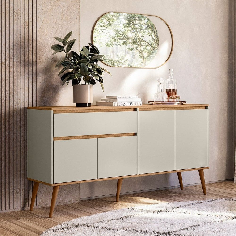 Aparador Buffet 4 Portas 1 Gaveta Retrô Ravi Off White/Marrom
