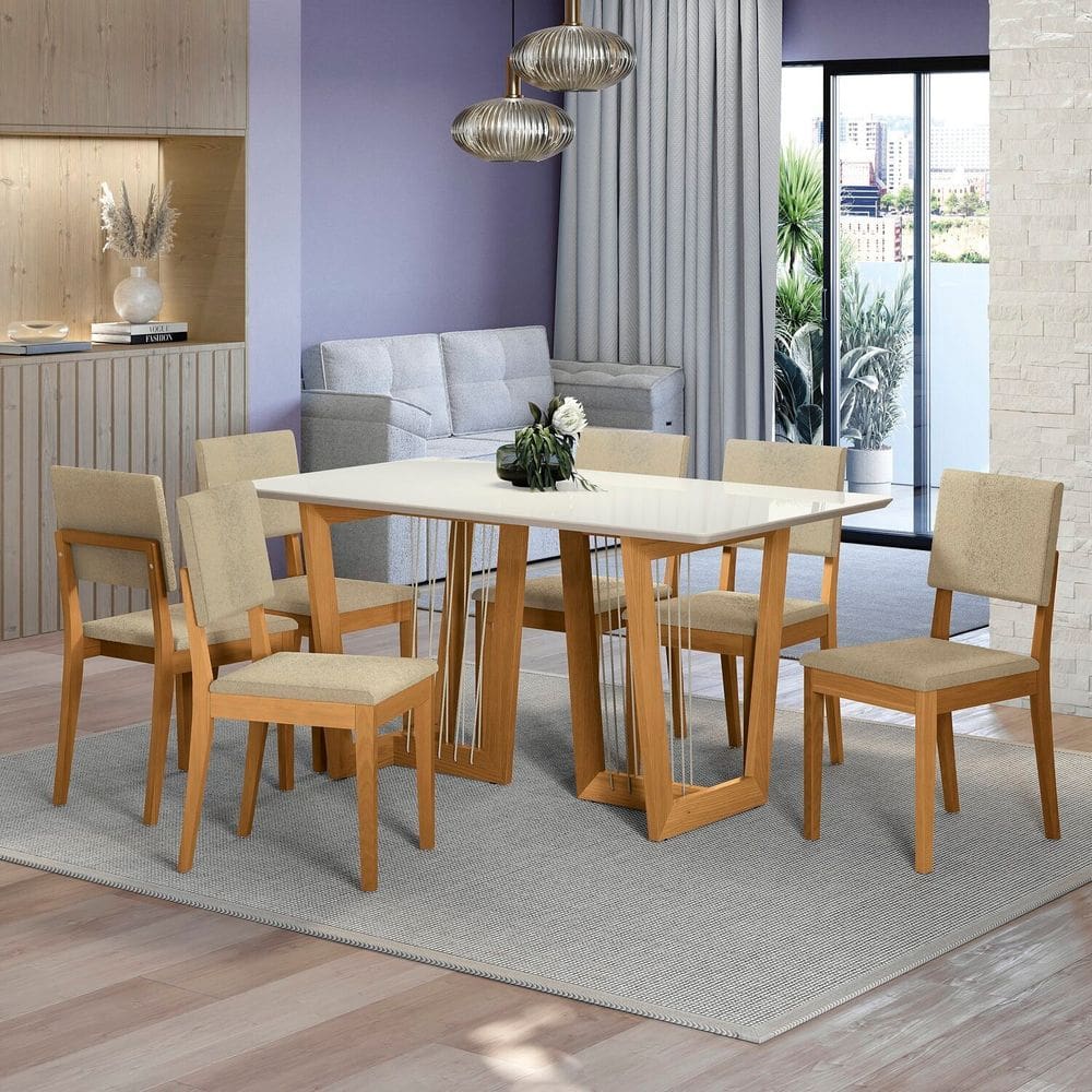 Conjunto Mesa Clara com 6 Cadeiras em Madeira Maciça Bege