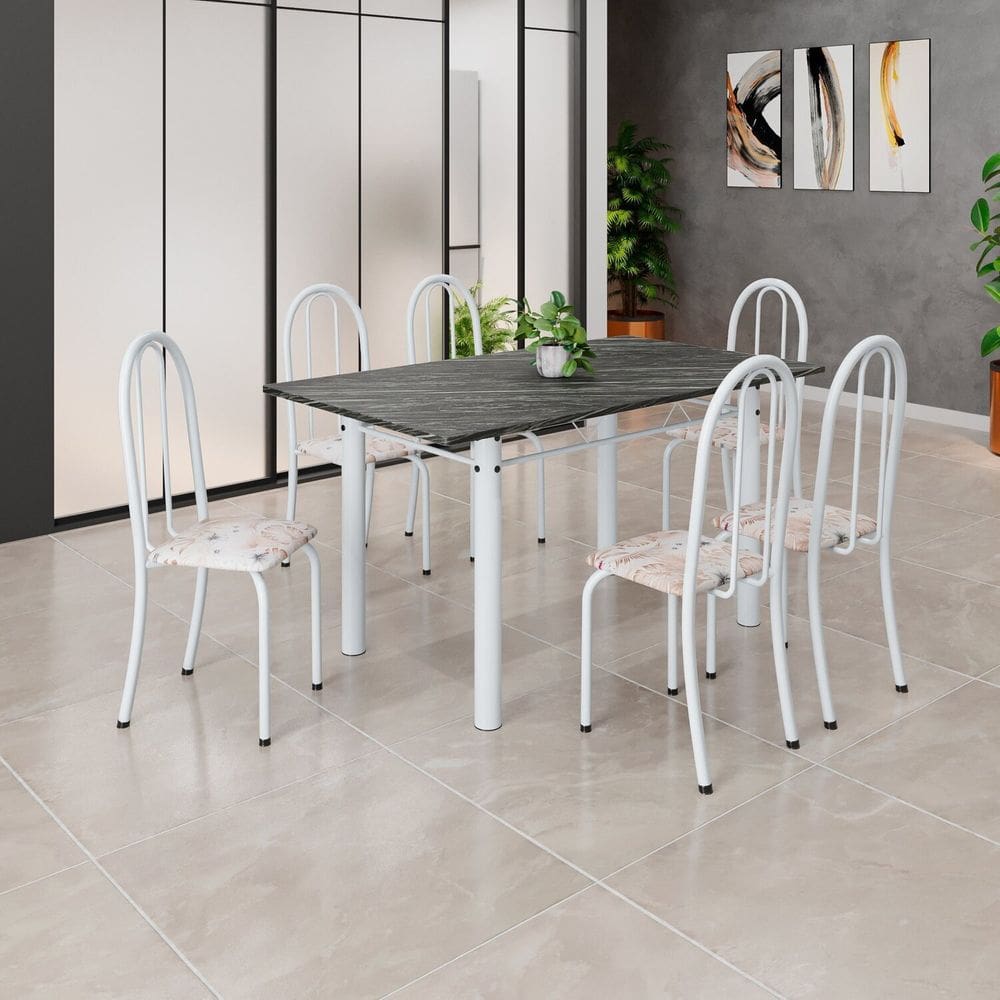 Conjunto de Mesa Tubular 140cm X 75cm Tampo em Ardósia Indiano com 6 Cadeiras Iris B Bege / Branco