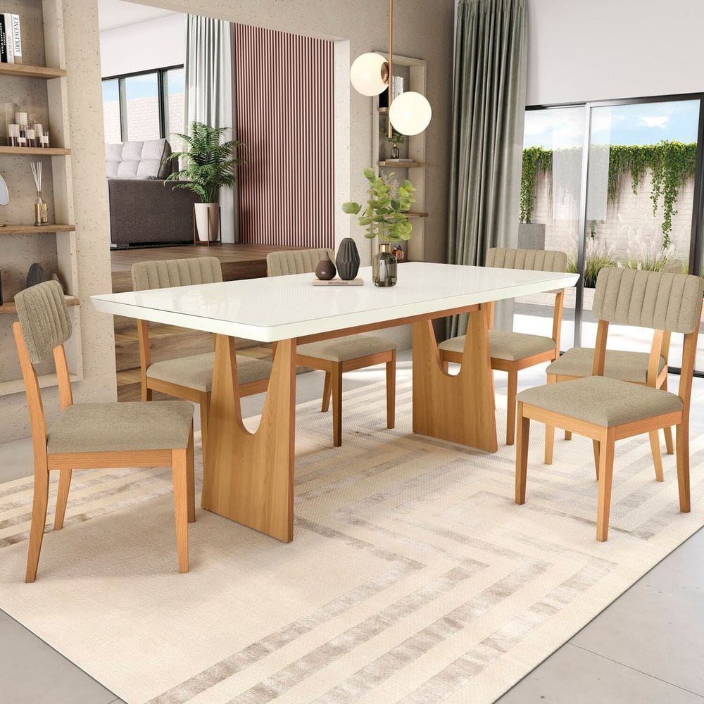 Conjunto Mesa Mila com 6 Cadeiras em Madeira Maciça Bege