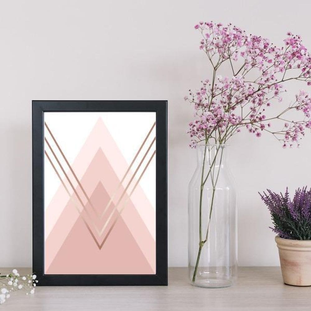 Quadro Decorativo Triângulos Rosês Moldura Preta 24X18Cm