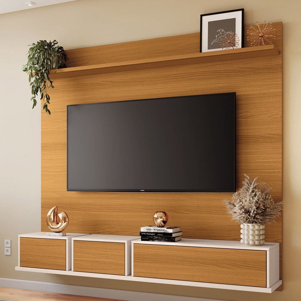 Painel TV 70 Pol 180cm Bancada Suspensa Max Off/Cinamomo - HB Móveis