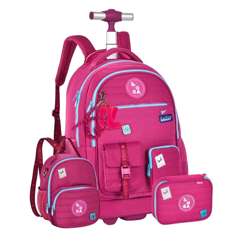 Kit Mochila de Rodas Luluca Lancheira Transversal Estojo Box
