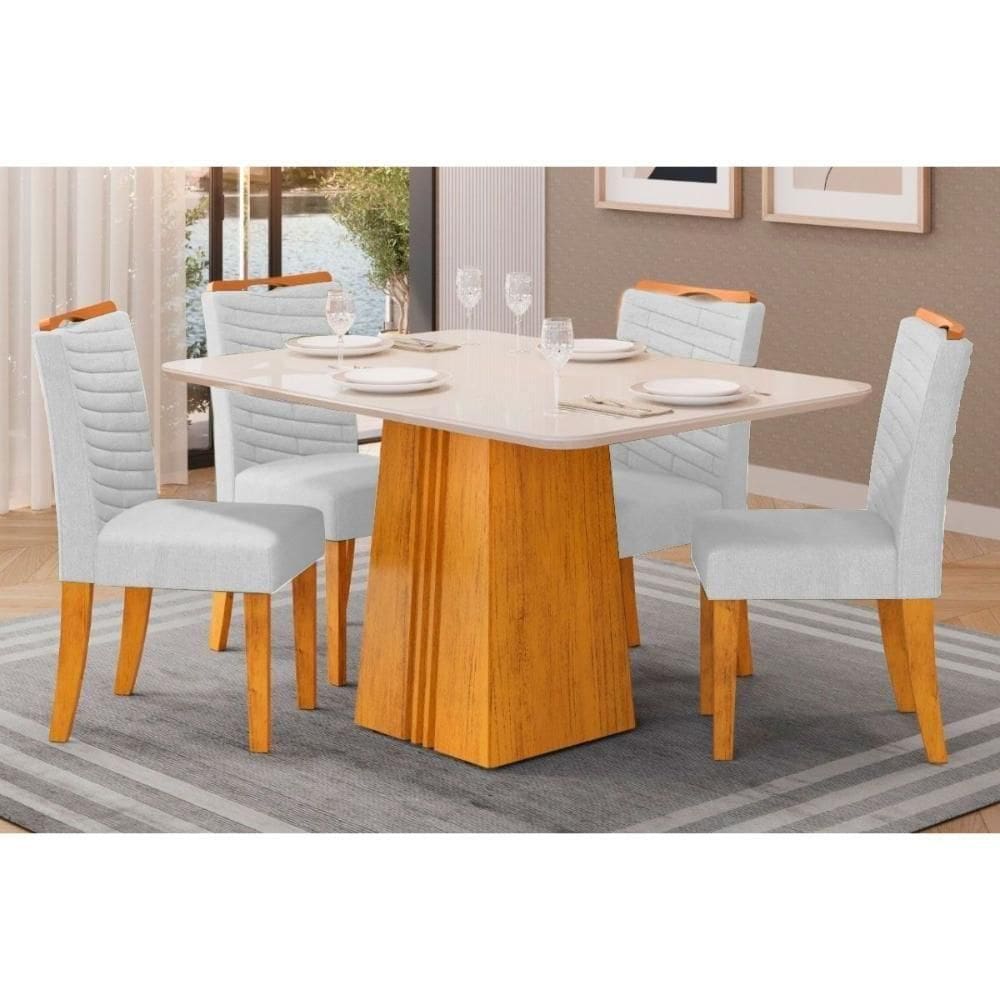 Cozinha Completa Italia Tampo Madeirado Com Vidro 120x90cm E 4 Cadeiras Julia Cedro Off White Linho Neve