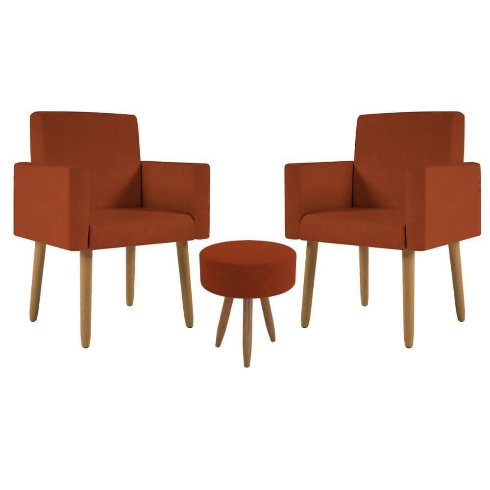 Kit 2 Poltronas Cadeira Recepção Nina Com Puff Balaqui Decor Terracota