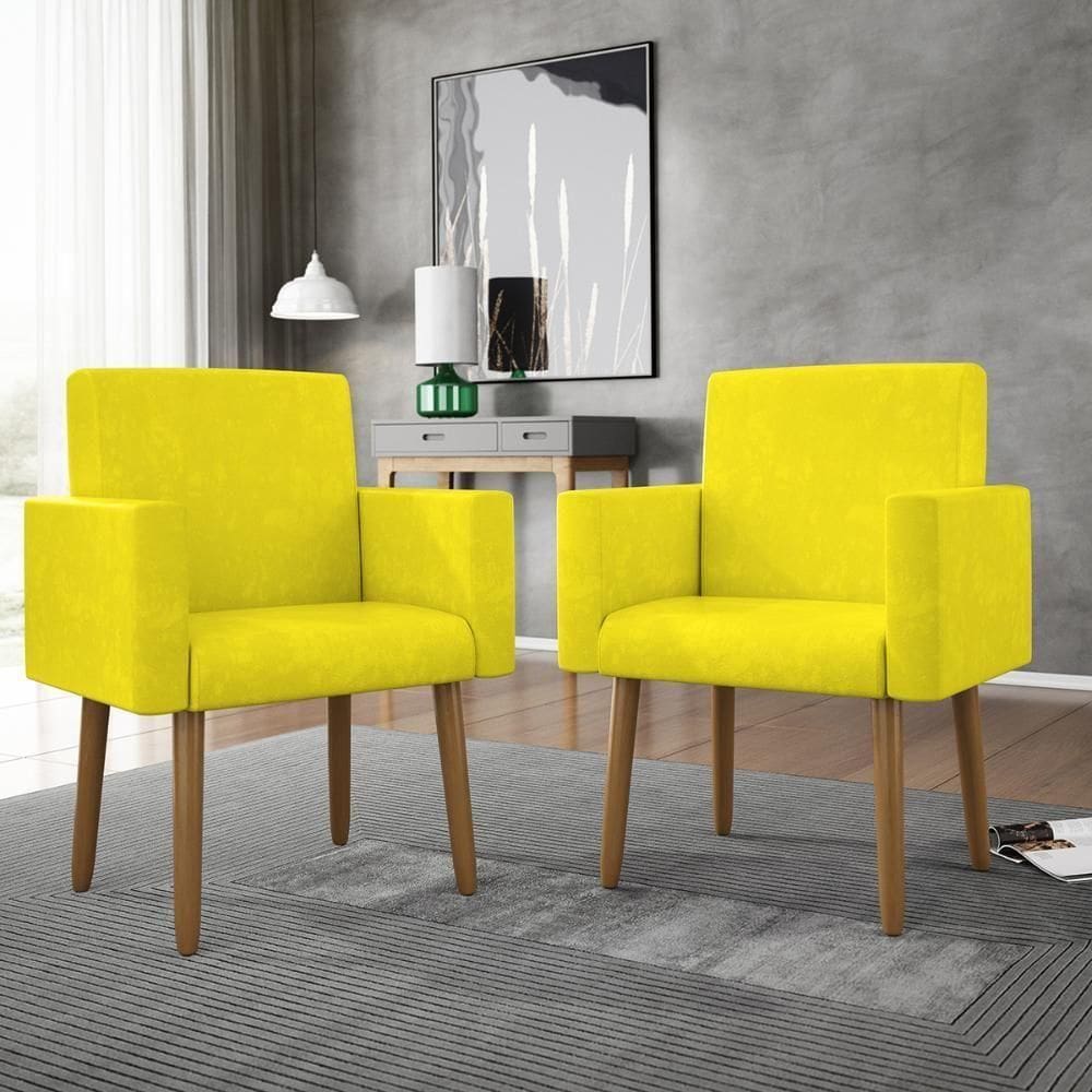 Kit 02 Cadeiras Poltronas Decorativas Com Puff Salão Balaqui Decor Amarelo
