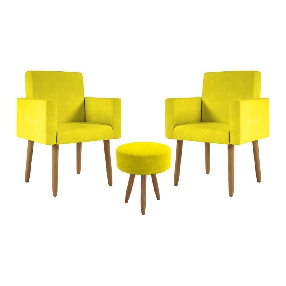 Kit 2 Poltronas Cadeira Recepção Nina Com Puff Balaqui Decor Amarelo