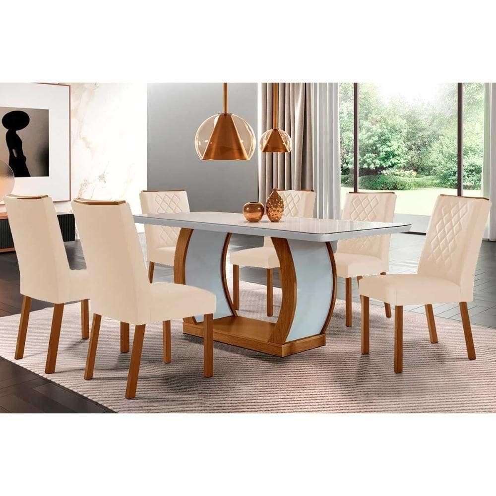Conjunto Mesa De Cozinha Jade Tampo Madeirado Com Vidro Canto Curvo 180x90 E 6 Cadeiras Jade Imbuia Suede Creme Rufato
