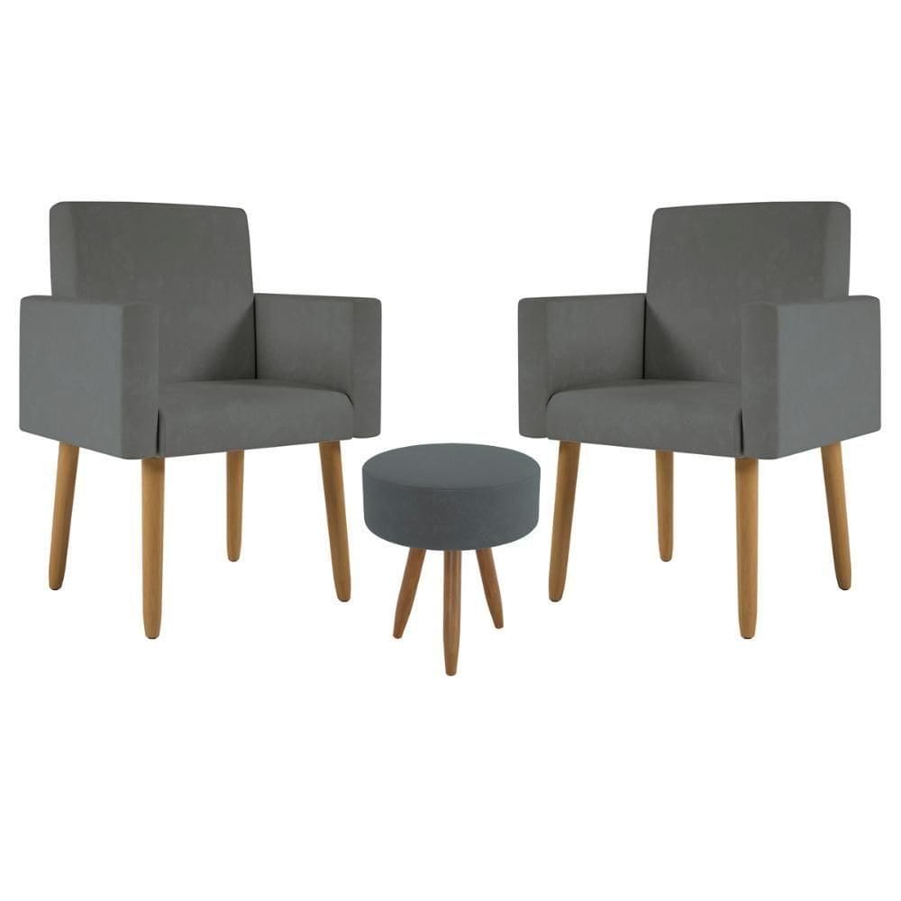 Kit 2 Poltronas Decorativa Consultorio Nina Com Puff Balaqui Cor:cinza Cinza